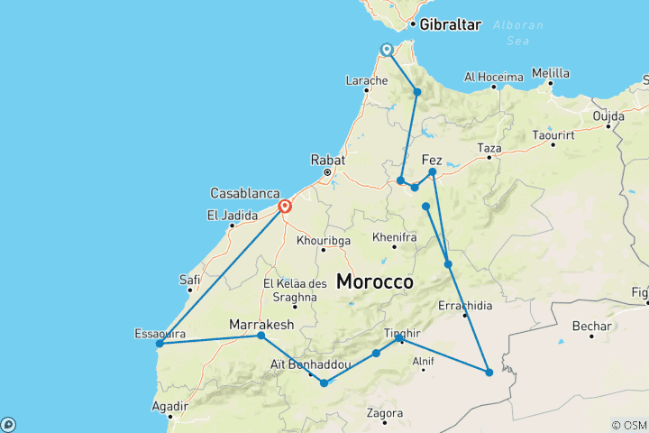 Kaart van Marokko rondreis vanuit Tanger 12 dagen