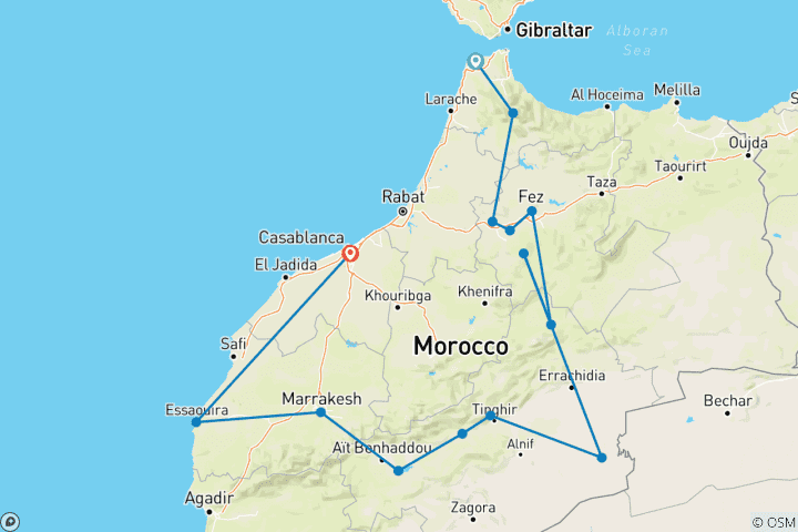 Kaart van Marokko rondreis vanuit Tanger 12 dagen