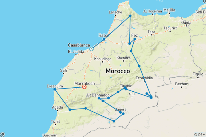 Map of Desert Sahara tour from Casablanca imperial cities 17 Days