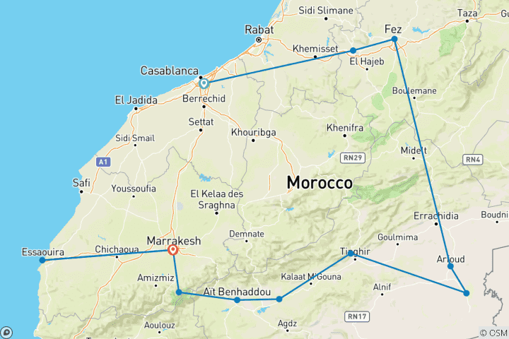 Map of Morocco tour from casablanca 15 Day