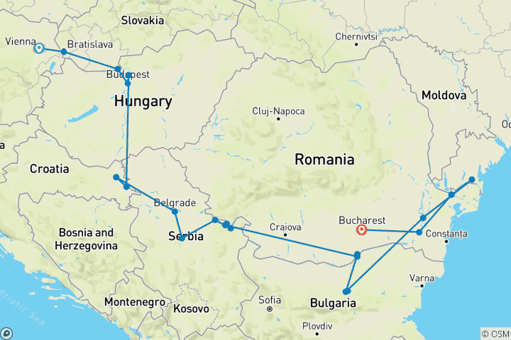 Map of 1.200 Miles on the Beautiful Blue Danube (Vienna - Bucharest)