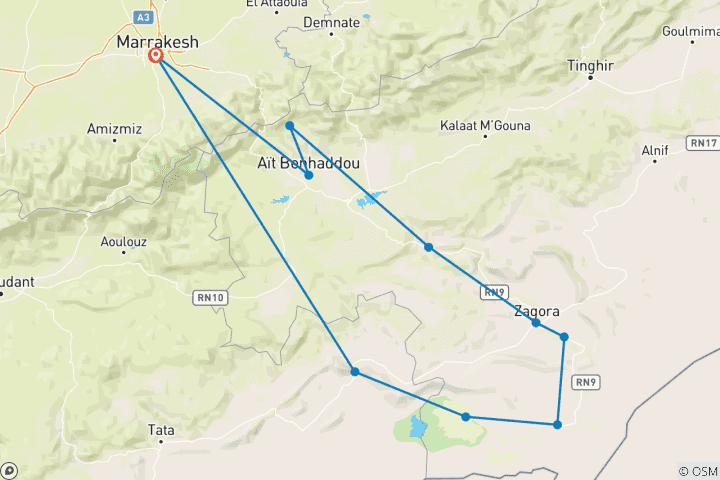 Karte von Marokko: Sahara-Wüsten ab Marrakesch 4 Tage