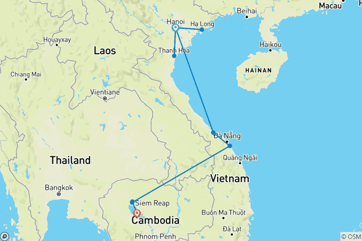 Kaart van 14-daagse reis door de erfgoedroutes van Vietnam en Cambodja - privéreis