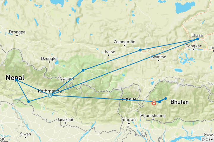 Mapa de Viaje a Nepal, Tíbet y Bután - 18 días