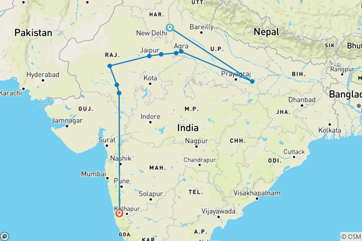 Map of Tour Of Rajasthan, Varanasi & Goa