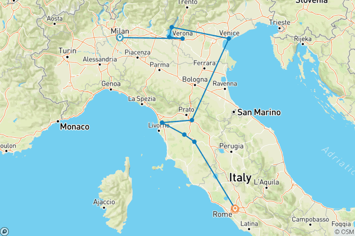 Carte du circuit Circuit de 13 jours en Italie - Milan, Venise, Florence et Rome