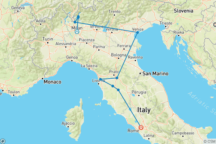 Map of 13 Day Highlights of Italy Tour Package - Milan, Venice, Florence & Rome