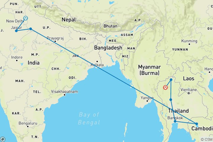 Map of INDIA, THAILAND &  CAMBODIA  13 DAYS