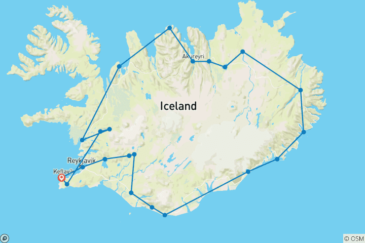 Carte du circuit 8 jours d'autotour autour de l'Islande (été)