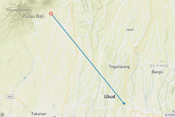 Carte du circuit 5 jours à Bali avec circuit d'aventure : Randonnée dans les canyons cachés, temple de Goa Gajah, etc.