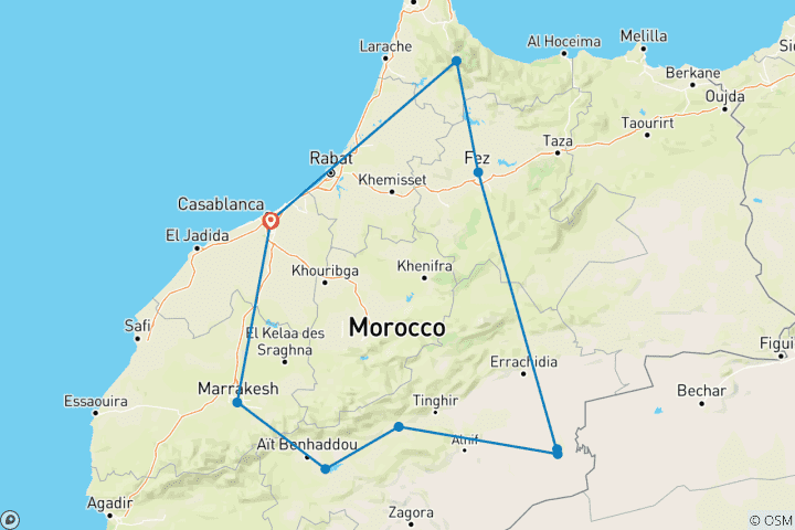 Kaart van 7-daagse privéreis door Marokko vanuit Casablanca