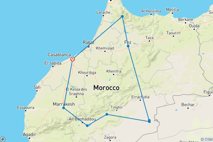 Carte du circuit Circuit privé de 7 jours et de luxe dans le désert et au Maroc au départ de Casablanca