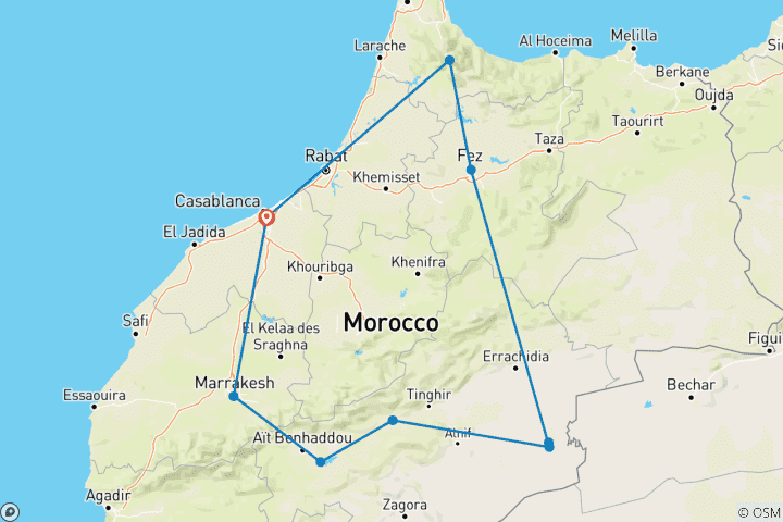 Kaart van Lokale 7-daagse rondreis door Marokko vanuit Casablanca