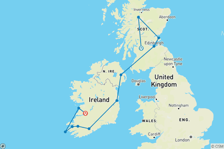 Kaart van De smaken van Schotland & Ierland - 10 dagen (12 bestemmingen)