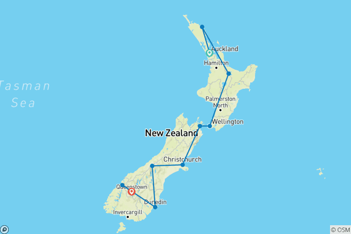 Carte du circuit Exploration des merveilles de la Nouvelle-Zélande avec les îles du Nord et du Sud (d'Auckland à Queenstown)