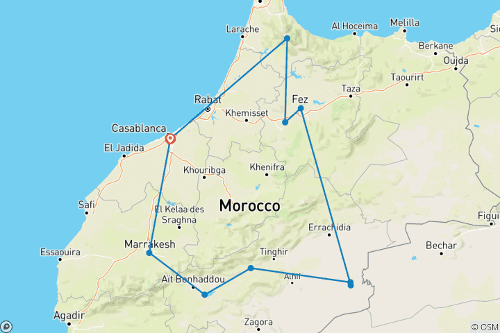 Karte von 7-tägige Marokko-Rundreise ab Casablanca über die Wüste Sahara