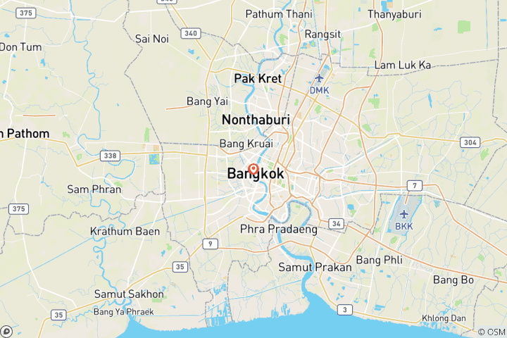 Carte du circuit 5 jours à Bangkok comprenant la visite du parc national de Khao Yai, le quartier chinois, le marché aux fleurs, le dîner au restaurant Savoey et le marché flottant et le marché ferroviaire de Maeklong.