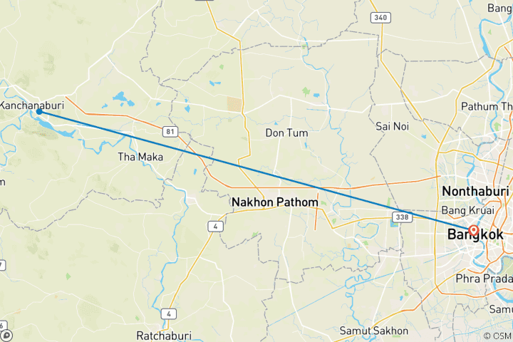 Map of 4 Days in Bangkok including Kanchanaburi River Kwai & Death Railway Tour and Explore Bangkok's 4 Iconic Landmarks