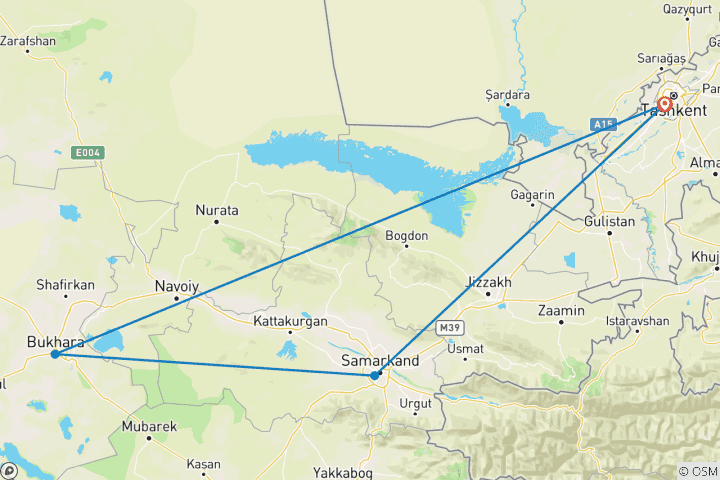 Mapa de Circuito cultural de 7 días por Uzbekistán