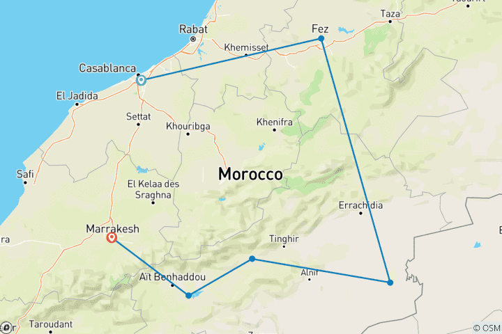 Kaart van Privé 5-daagse Sahara-woestijntour vanuit Casablanca