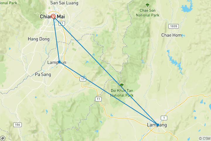 Map of 4 Days in Chiang Mai including Chiang Mai Tuk Tuk Tour and Lamphun and Lampang City Temples Tour