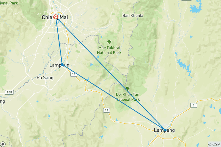 Carte du circuit 4 jours à Chiang Mai avec visite de Chiang Mai en Tuk Tuk et visite des temples de la ville de Lamphun et Lampang