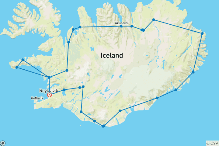 Map of 8-Day Summer Iceland Ring Road & Landmannalaugar Highland Small Group Tour