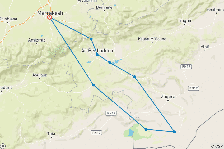 Kaart van 3 Daagse Marokko rondreis van Marrakech naar de Sahara-woestijn