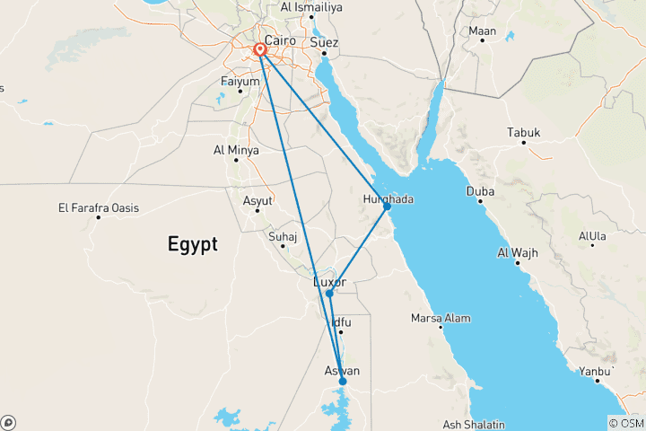 Map of Enjoy 11 all inclusive days around Egypt and take in Cairo, Aswan, Luxor, and Hurghada