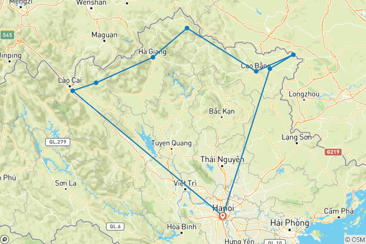 Kaart van Zelf rijden in Noord-Vietnam 8 dagen