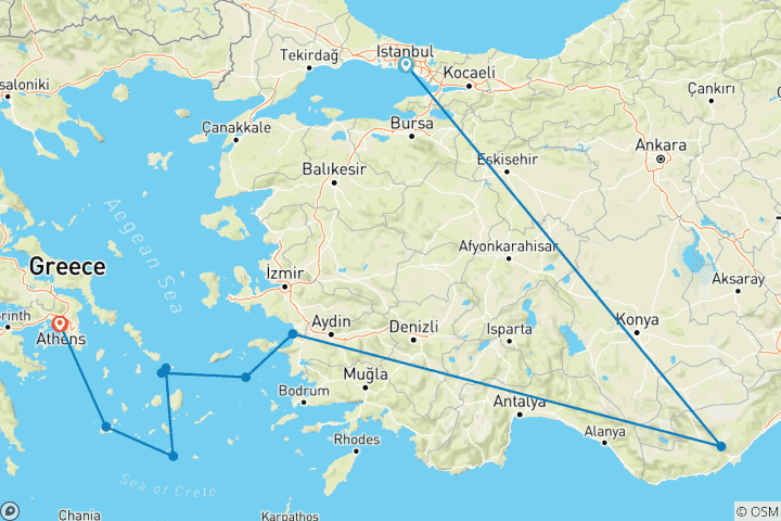 Map of Istanbul to Athens Adventure