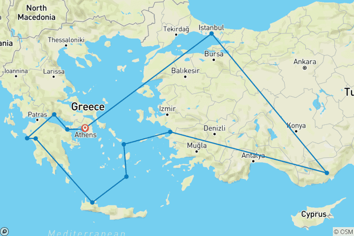 Map of Greek Islands from the Corinth Canal to the Bosporus