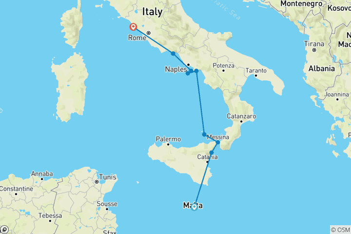 Map of Malta, Sicily & Amalfi Coast 2026 - 10 Days (from Valletta to Civitavecchia)