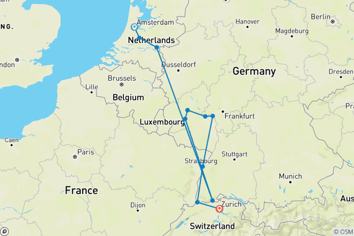 Carte du circuit Amsterdam avec les châteaux du Rhin et les vignobles de la Moselle 2025|2026 - 13 jours