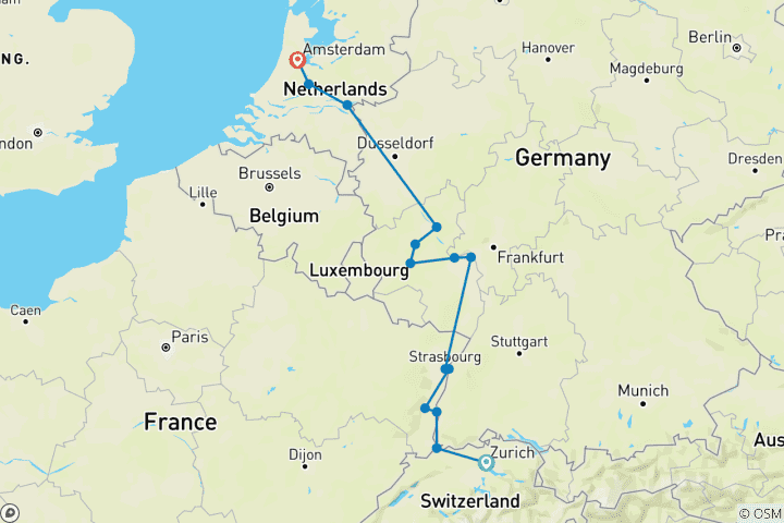 Map of Rhine Castles & Moselle Vineyards with Amsterdam 2025|2026 - 13 Days