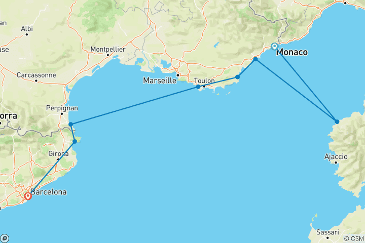 Carte du circuit Côte d'Azur et côte catalane