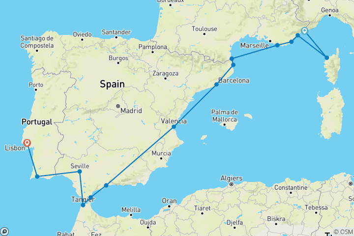 Carte du circuit La Côte d'Azur, l'Espagne et le Portugal