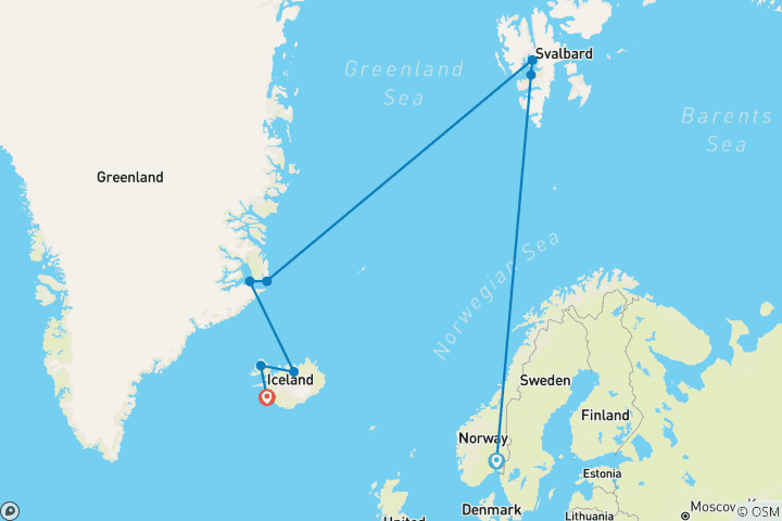 Carte du circuit Merveilles du Haut-Arctique : Croisière Eclipse Solaire Groenland & Islande