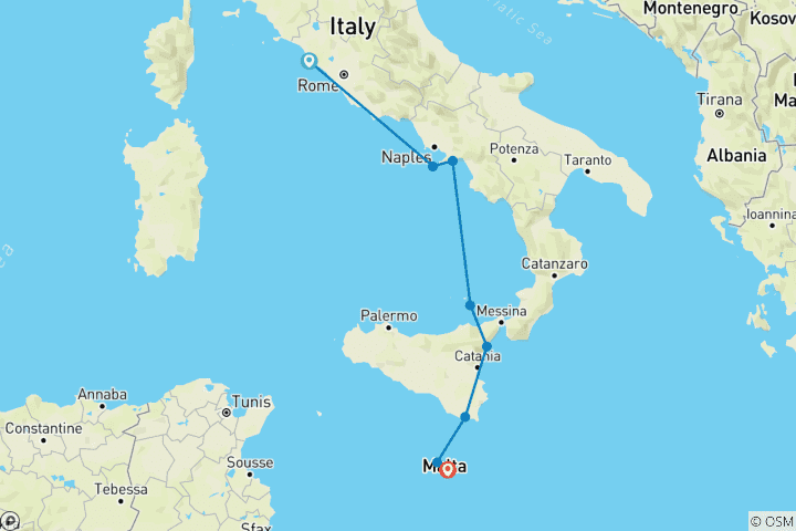 Carte du circuit Trésors italiens : Côte amalfitaine, Sicile et Malte