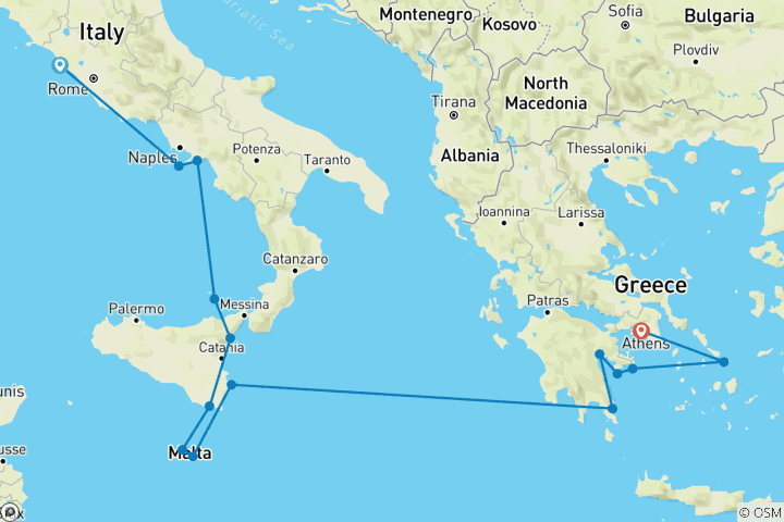 Kaart van Ultieme Mediterrane Reis: Italië, Malta & Griekse Eilanden