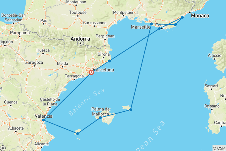 Carte du circuit Espagne, Côte d'Azur et îles Baléares