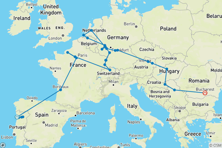 Kaart van Rondreizen door Europa 2025 - 67 Dagen (van Porto naar Boekarest)