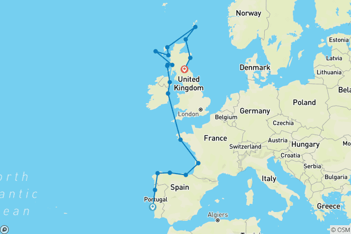 Kaart van Ultiem Europees erfgoed: Portugal tot Schotland