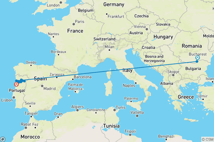 Carte du circuit Croisière panoramique à travers l'Europe 2025 - 67 jours (from Bucarest to Aveiro)