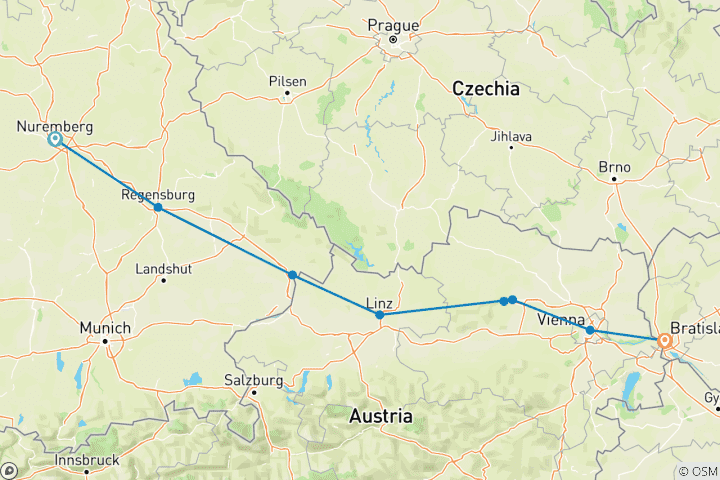 Mapa de Danubio a Fondo 2025|2026 - 10 Días (from Nuremberg to Bratislava)