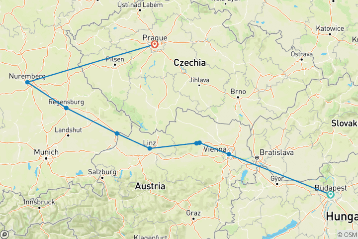 Carte du circuit Danube en profondeur avec Prague 2025|2026 - 13 jours (from Budapest to Prague)