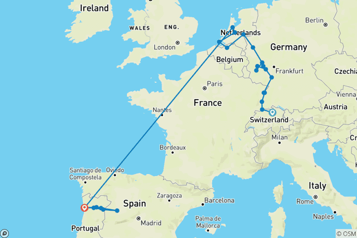 Map of Romantic Rhine & Moselle & Unforgettable Douro 2025 - 25 Days (from Zurich to Porto)