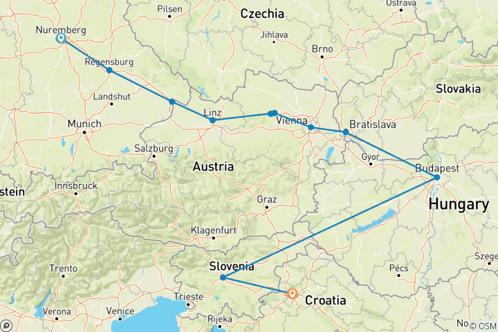 Map of Danube in Depth with Ljubljana & Zagreb 2025|2026 - 14 Days (from Nuremberg to Zagreb)