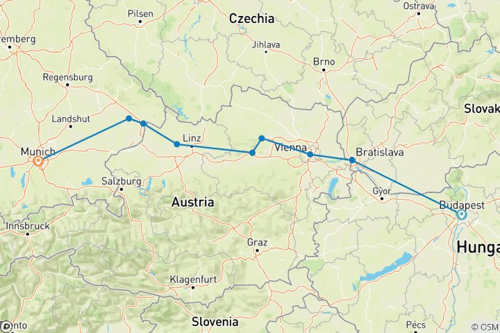 Kaart van Juweeltjes van de Donau 2025 - 8 Dagen (van Budapest naar München)