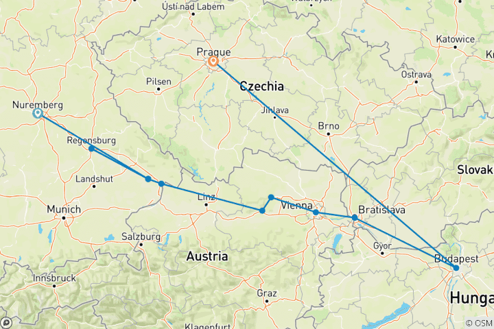 Map of Gems of the Danube with Nuremberg and Prague 2025 - 13 Days (from Nuremberg to Prague)